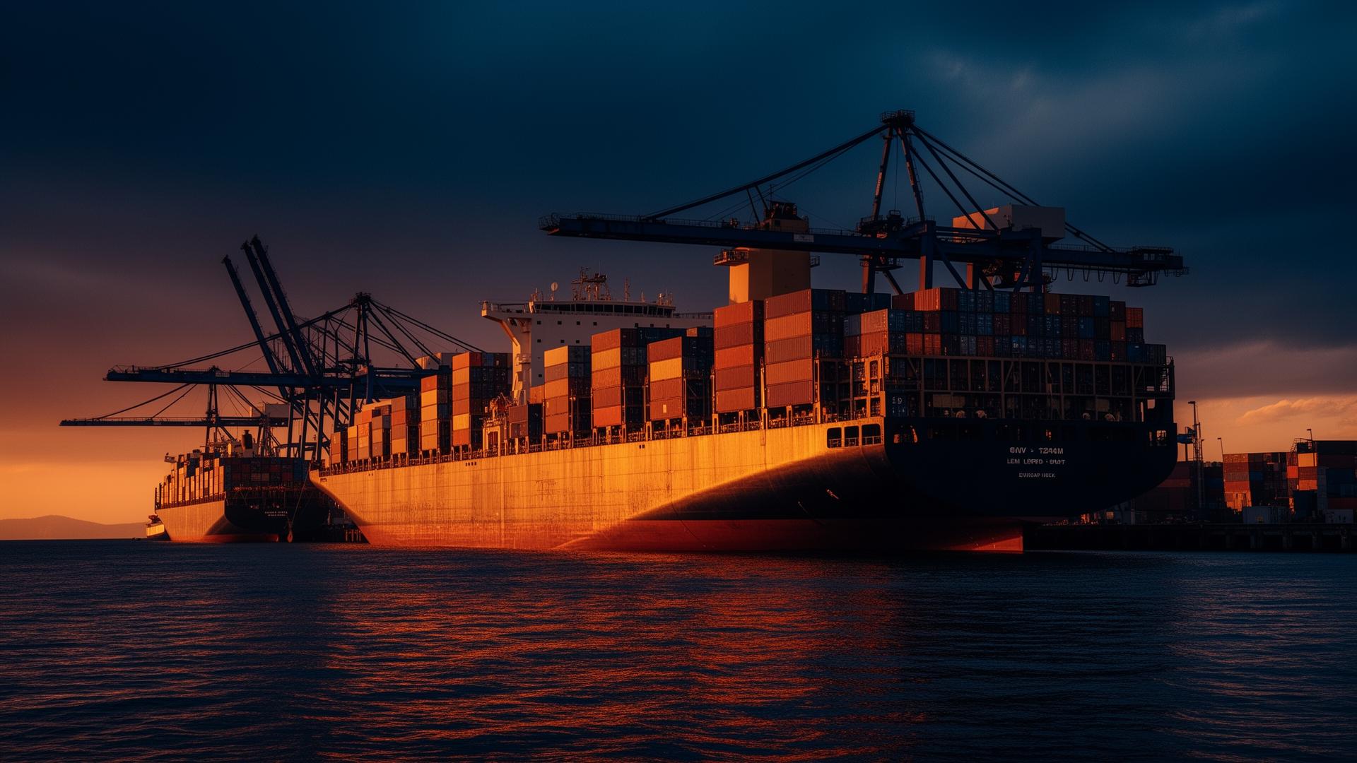 Cargo ship at port at sunset